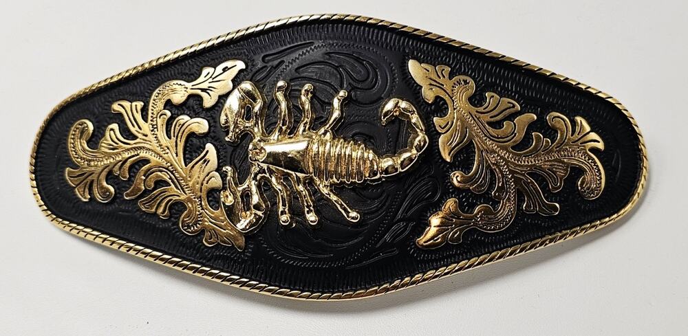 Men's Western Black & Gold Scorpion Emblem Filigree Metal Cowboy Belt Buckle